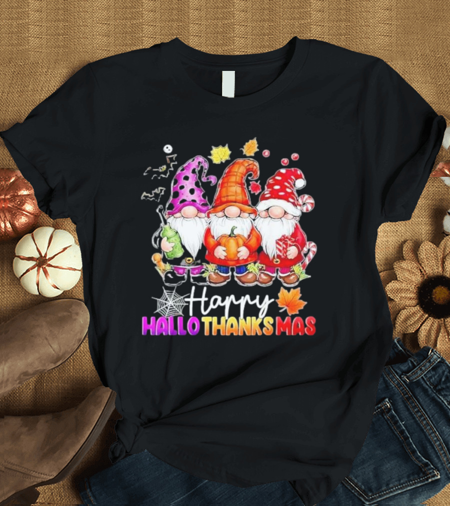 Happy Hallo Thanks Mas Halloween Thanksgiving Christmas Gnomes with Spider Webs Leaves Pumpkin and Candy Canes T-Shirt