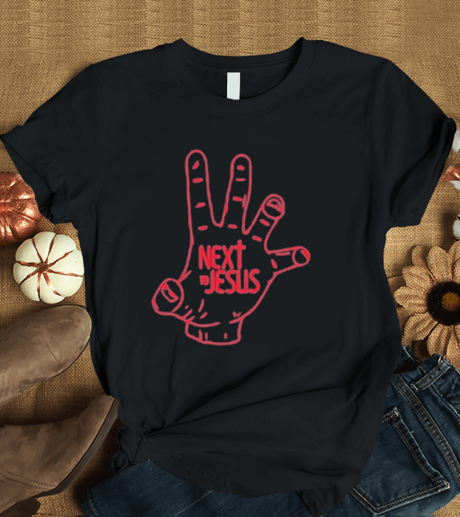 Next To Jesus Hand Neon Red Outline T-Shirt