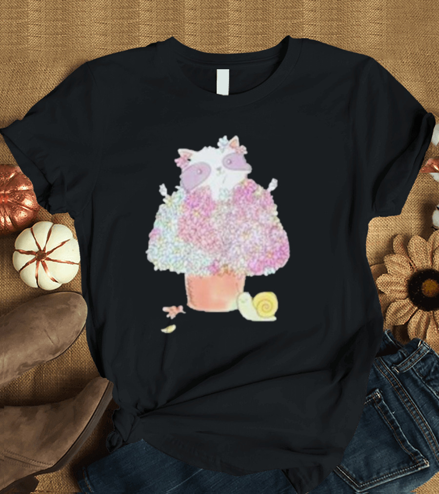 Raccoon with Pastel Flower Bouquet and Snail T-Shirt