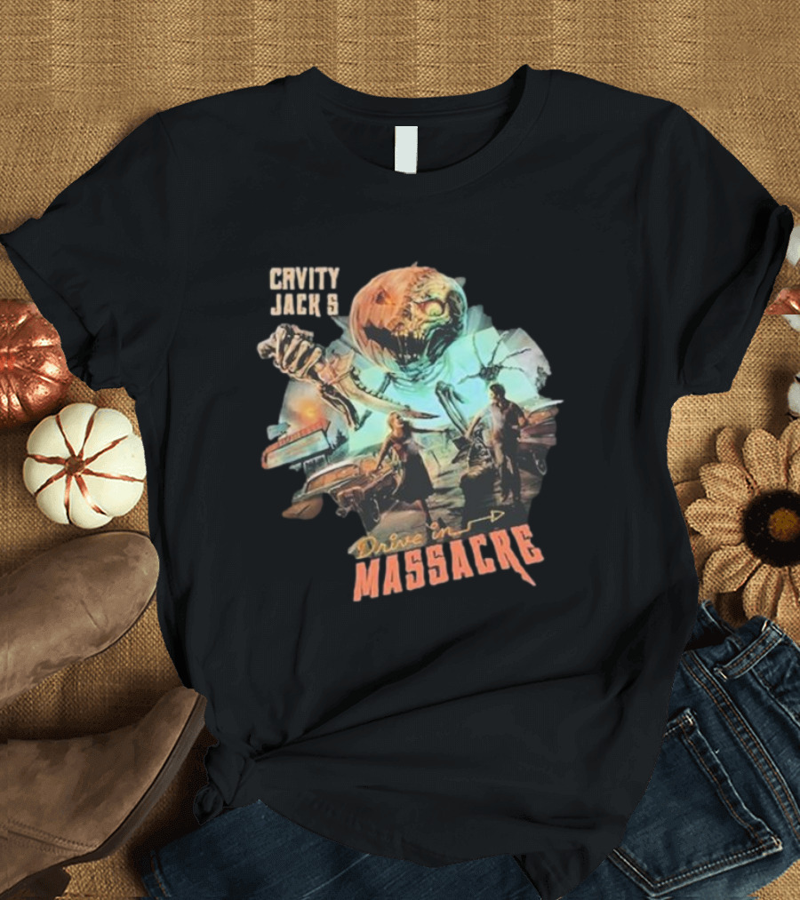 Cavity Jack's Drive In Massacre Giant Pumpkin Horror Scene T-Shirt