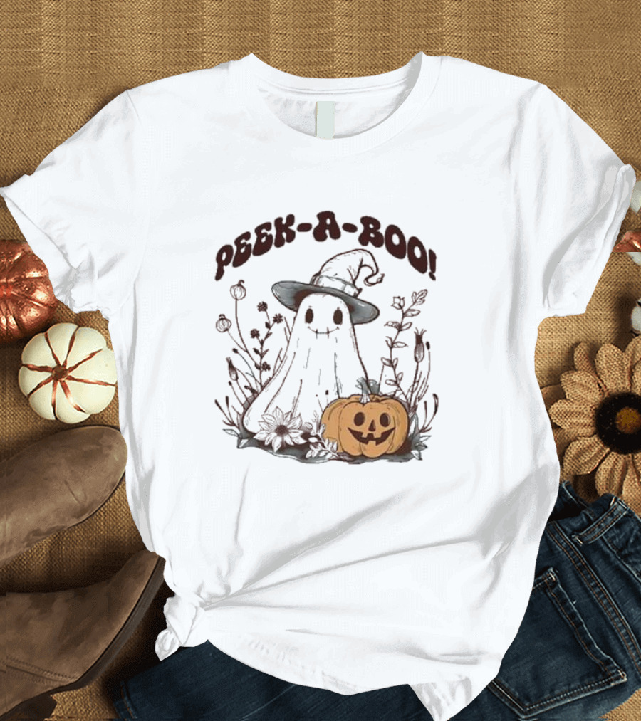 Peek-a-boo Halloween Cute Ghost Pumpkin Witch Hat T-Shirt