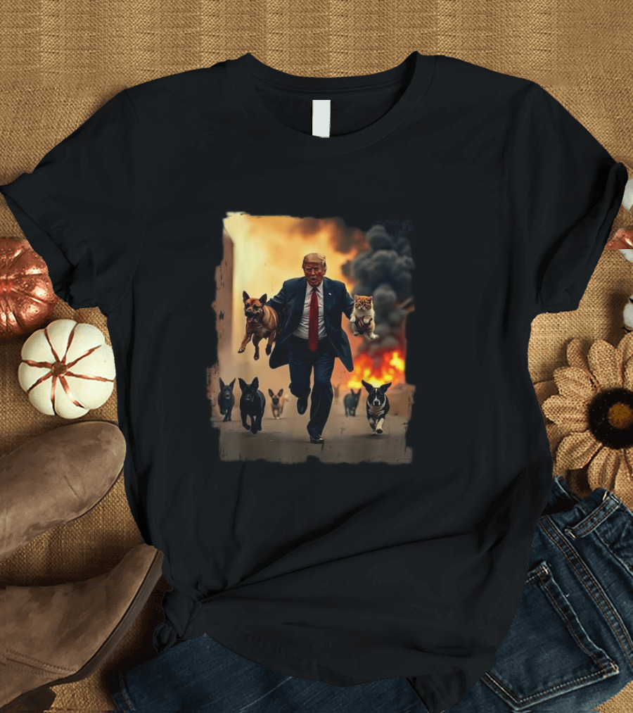 US Election 2024 Republican Dogs and Trump Running with Cats in Fire Background T-Shirt