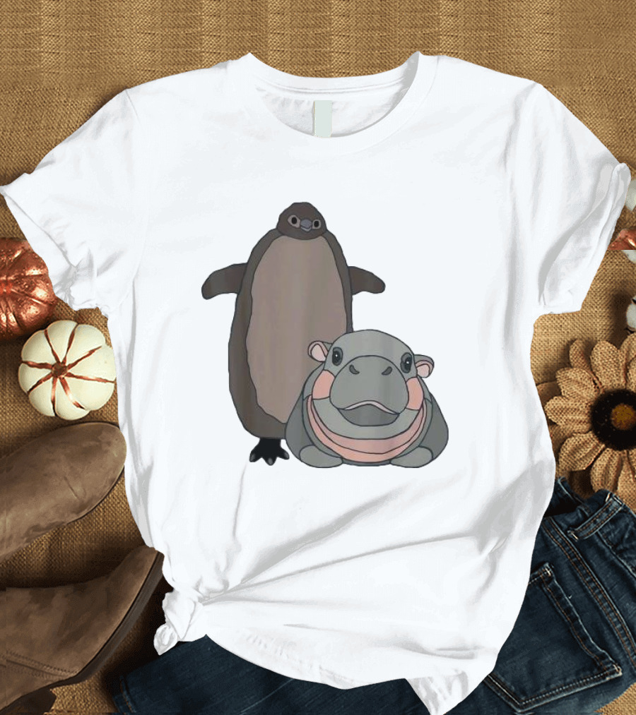 Pesto the Penguin and Moo Deng the Baby Hippo Cartoon Characters T-Shirt
