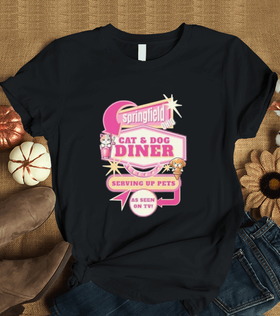 Springfield Cat And Dog Diner Serving Up Pets As Seen On TV Retro Neon Sign T-Shirt