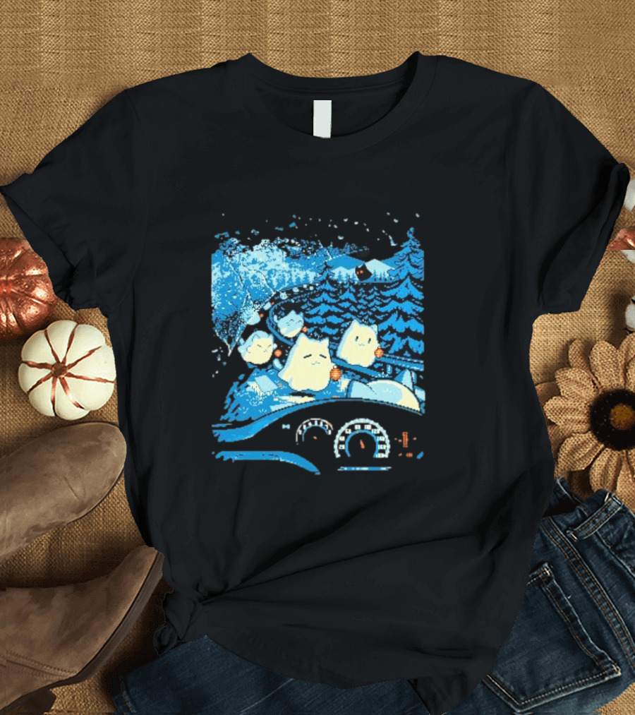 Haunted Road Pixel Art Ghost Cats Forest Adventure T-Shirt