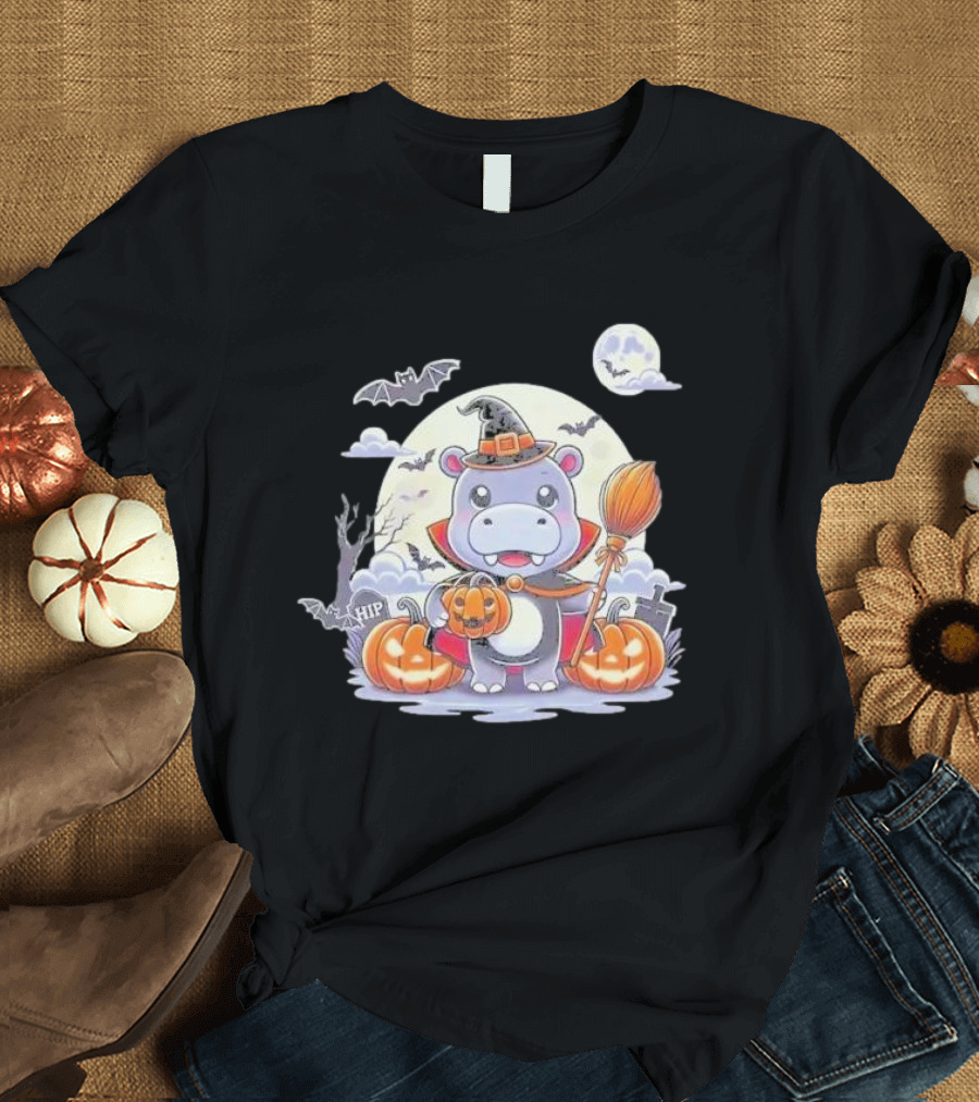 Moo Deng Halloween Hippo Witch Broom Pumpkins T-Shirt