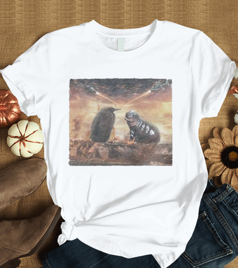 Baby Pesto Penguin Standoff with Moo Deng Amidst Battling Spaceships T-Shirt
