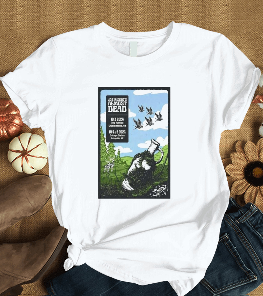 Joe Russo’s Almost Dead Oct 03 2024 Charlottesville VA Ting Pavilion Deer Birds Jug Tree Field Sky T-Shirt