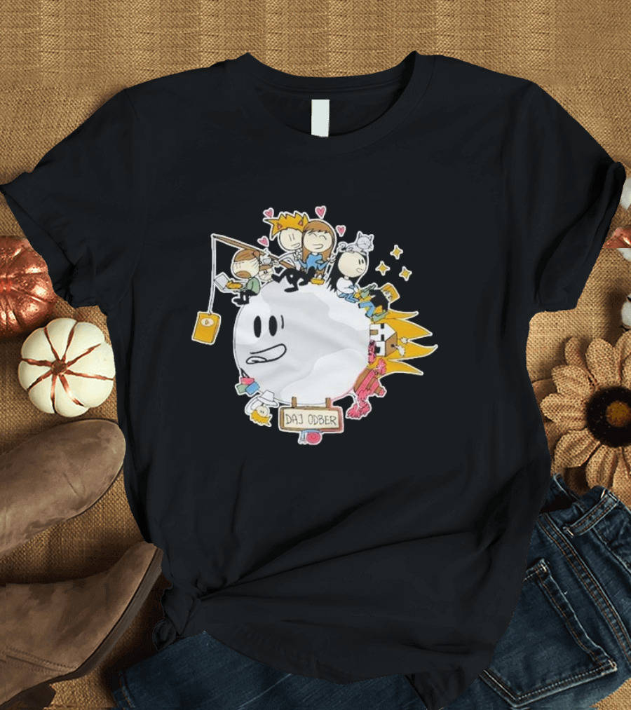 Daj Odber Cartoon Characters Around Smiling Moon with Expressions and Accessories T-Shirt