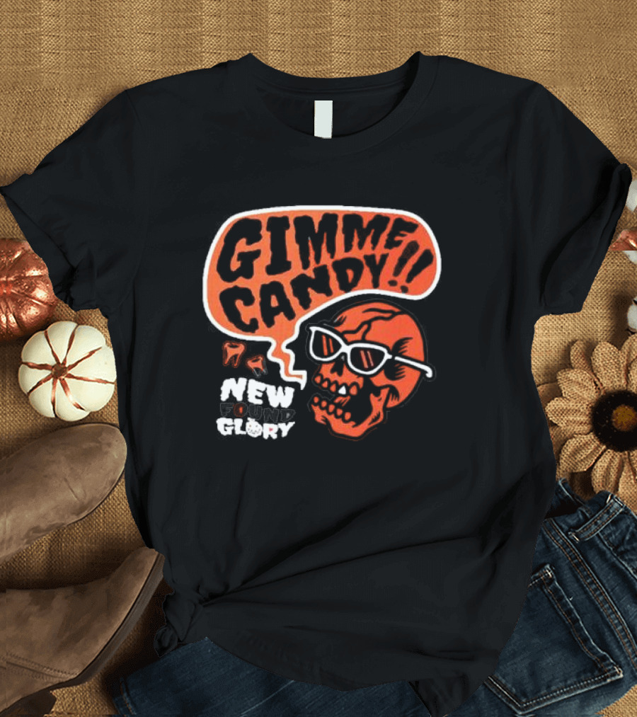 Gimme Candy Trick Or Treat Halloween New Found Glory Skull Sunglasses T-Shirt