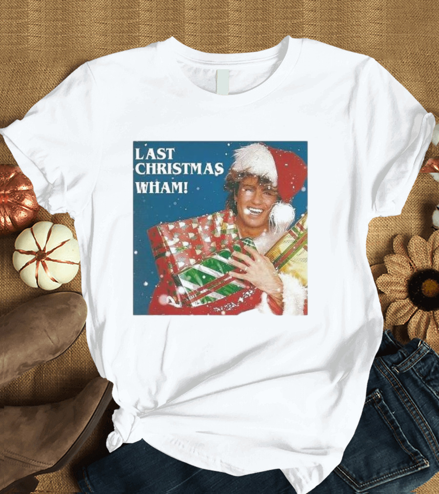 Last Christmas Wham George Michael Santa Hat Holding Gift T-Shirt