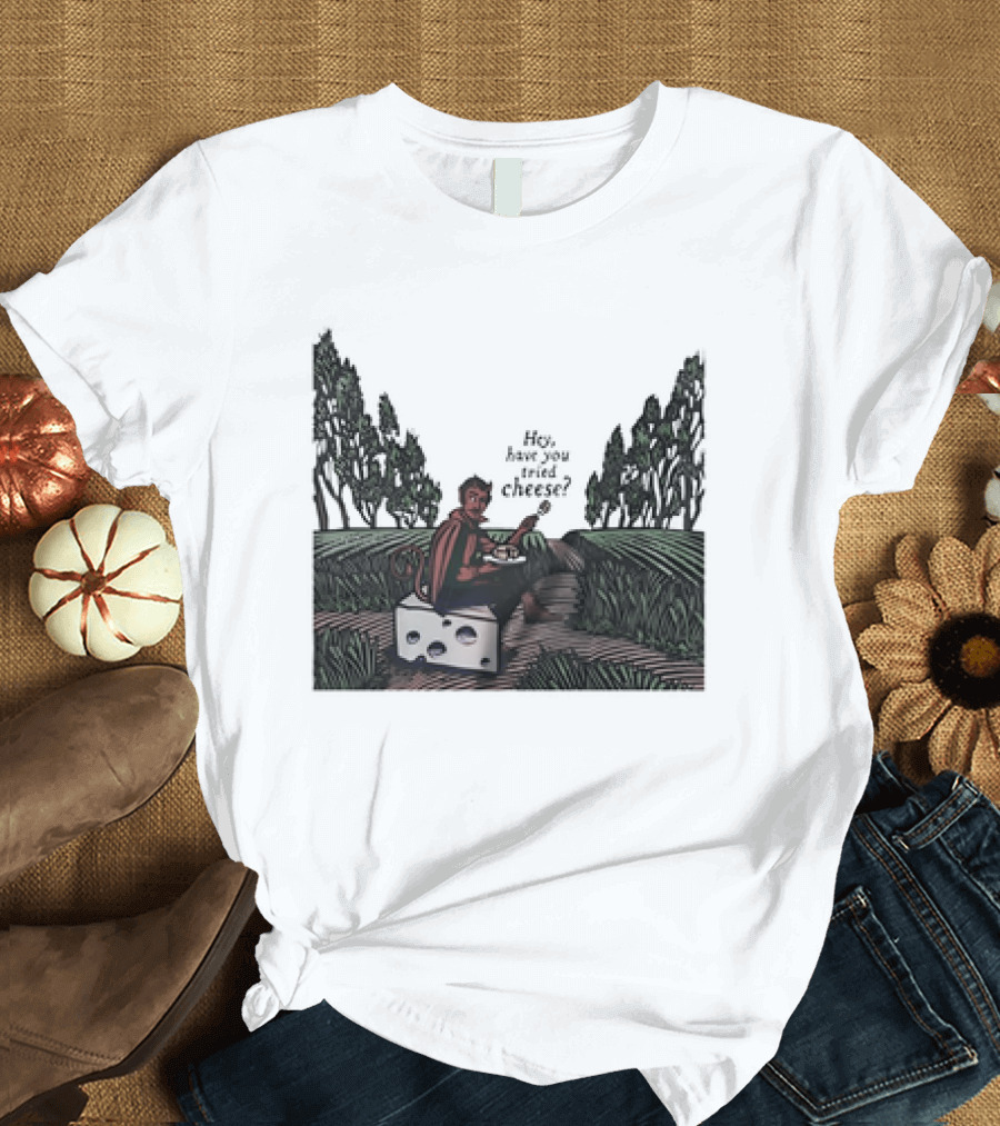 Devil Hey Have You Tried Cheese Sitting on Large Cheese Block in Countryside Scene T-Shirt