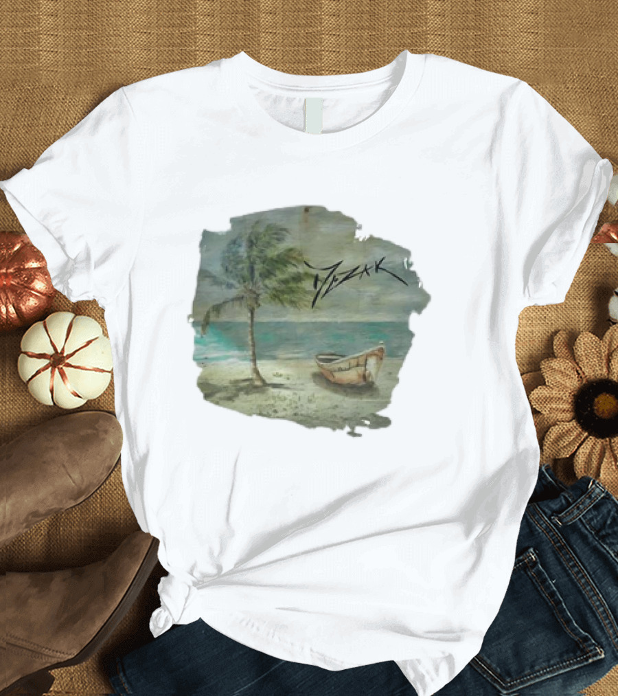 Mezak Art Tropical Beach Palm Tree and Boat Serenity T-Shirt