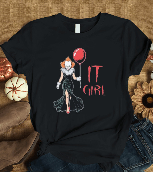 T-Shirt: Pennywise IT Girl Holding Red Balloon in Black Dress T-Shirt Pennywise IT Girl Holding Red Balloon in Black Dress T-Shirt