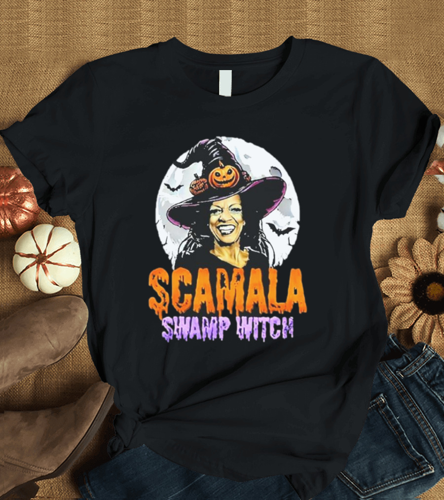 Scamala Swamp Witch Halloween Pumpkin Hat Moon Bats T-Shirt