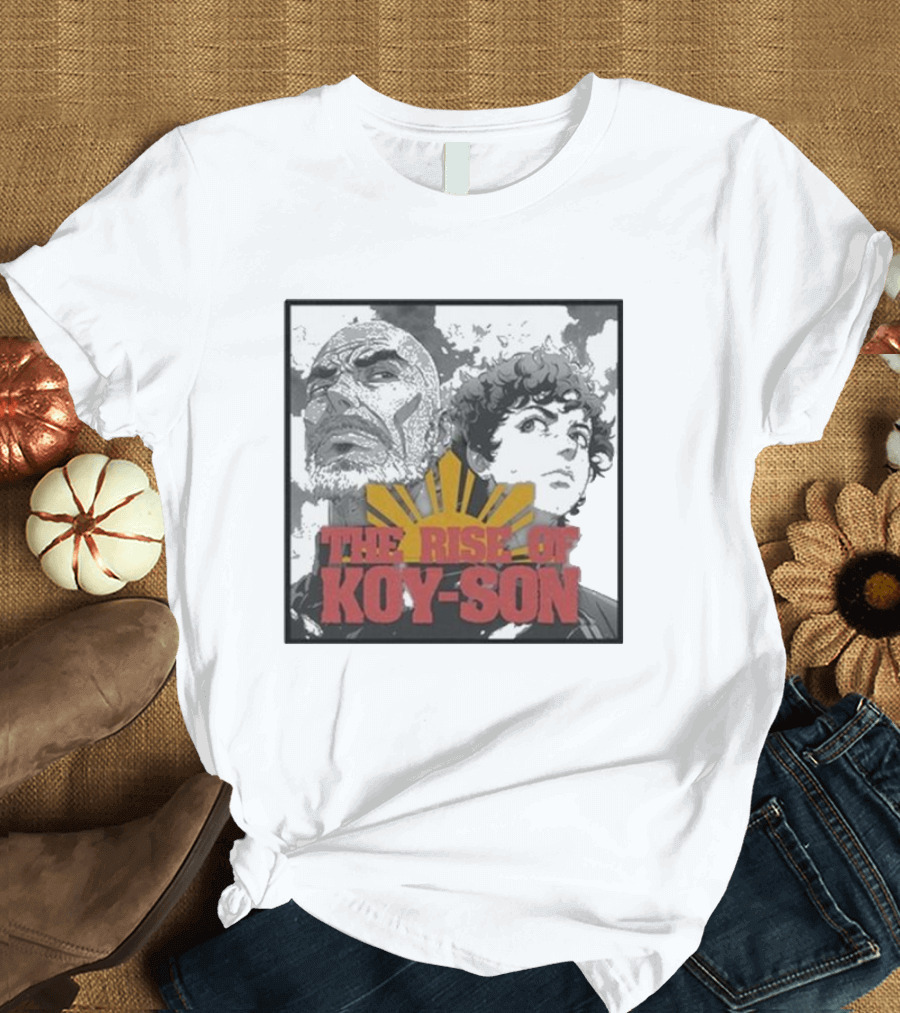 The Rise of Koy-Son Jo Koy Anime Style Featuring Bold Portraits and Yellow Sun T-Shirt