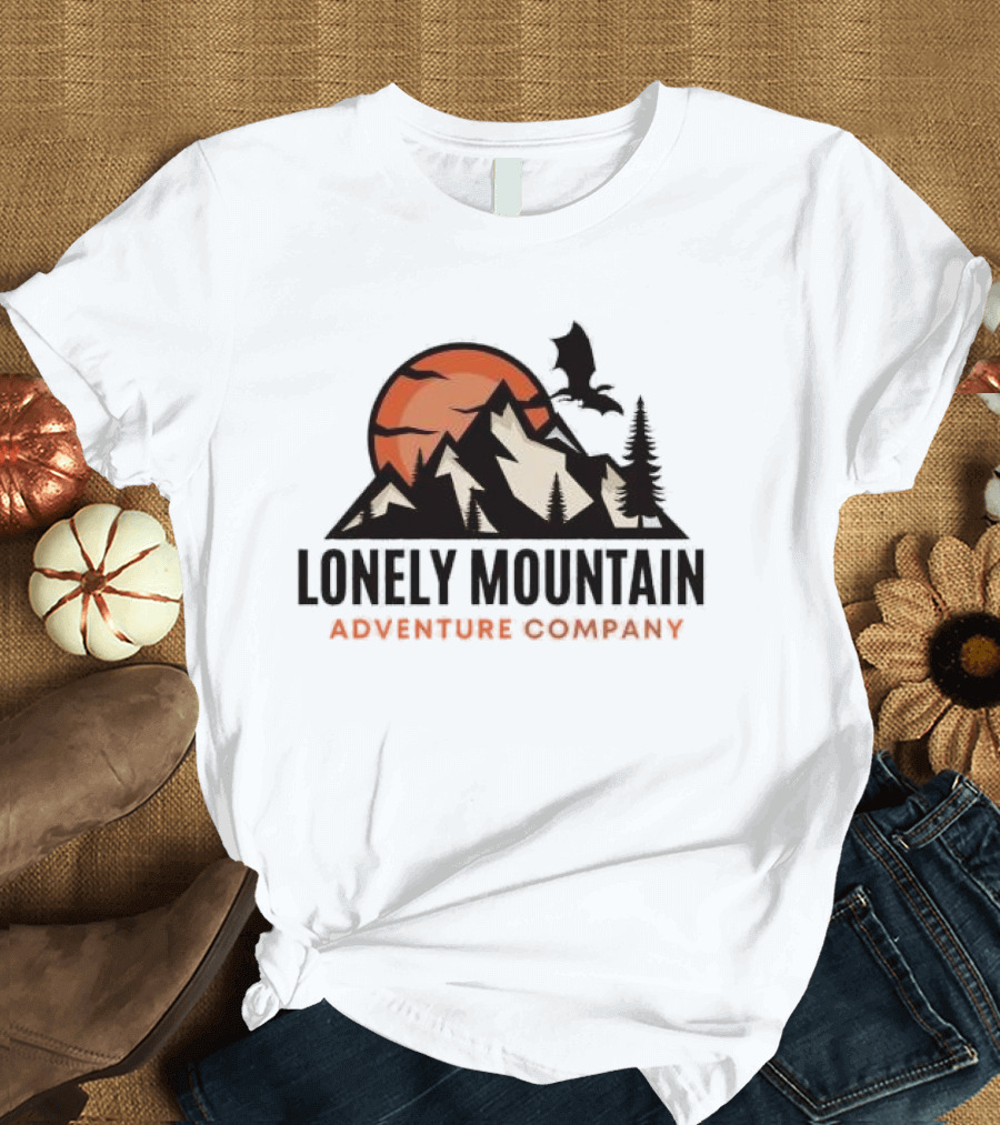 Lonely Mountain Adventure Company Dragon and Sunset Mountain Scene T-Shirt