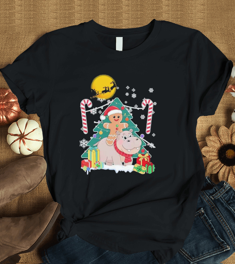 Santa Gingerbread Riding Hippo Christmas Candy Canes Snowflake Christmas Tree T-Shirt