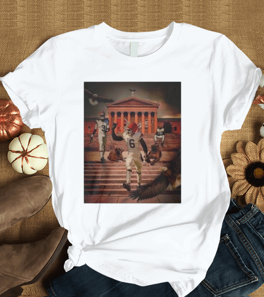 Cleveland Browns Vs. Philadelphia Eagles 2024 NFL Week 6 Showdown at Iconic Landmark with Eagles and Football Players T-Shirt