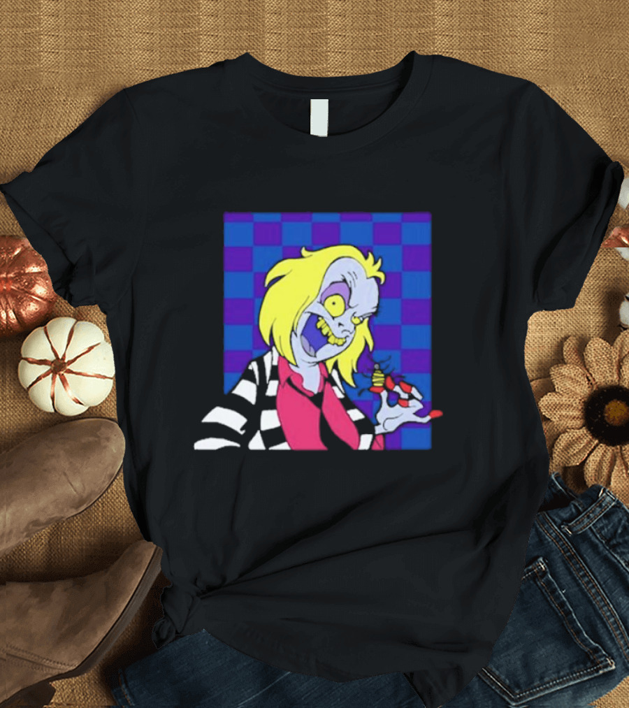 Pan Pizza Beetlejuice Cartoon Checkered Background T-Shirt
