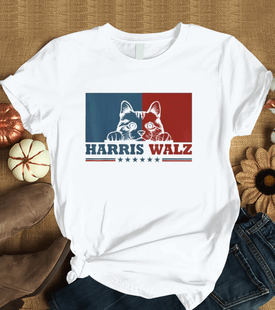 Harris Walz 2024 Cat Election Kamala Harris Tim Walz Blue Red Political T-Shirt