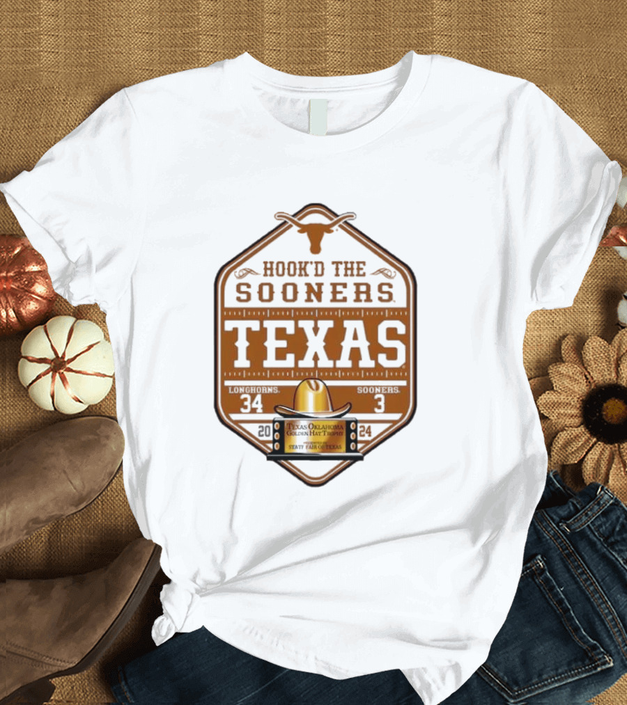 Hook'd the Sooners Texas Longhorns 34 Sooners 3 Red River Rivalry 2024 State Fair of Texas T-Shirt