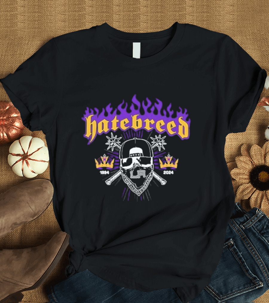 Hatebreed LA 1994 2024 Event Skull Flames Crown Baseball Bats T-Shirt