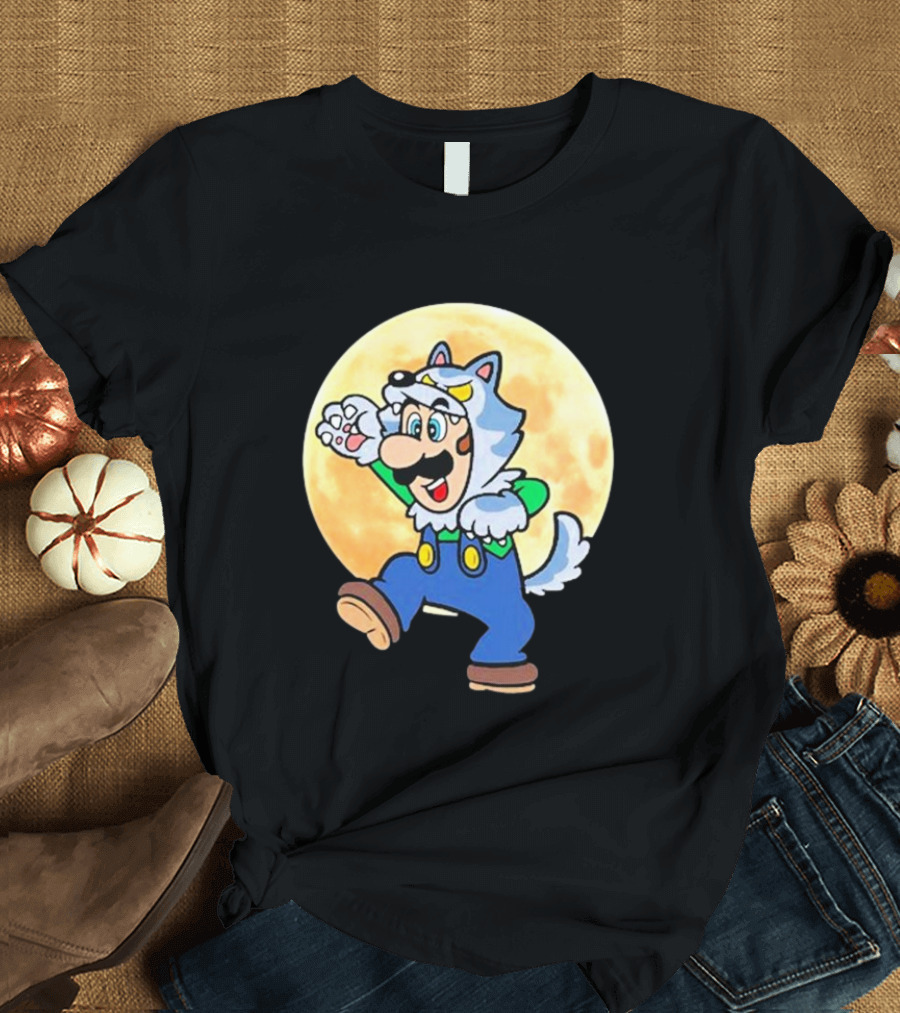 Luigi Halloween 2024 Werewolf Costume Full Moon Background T-Shirt