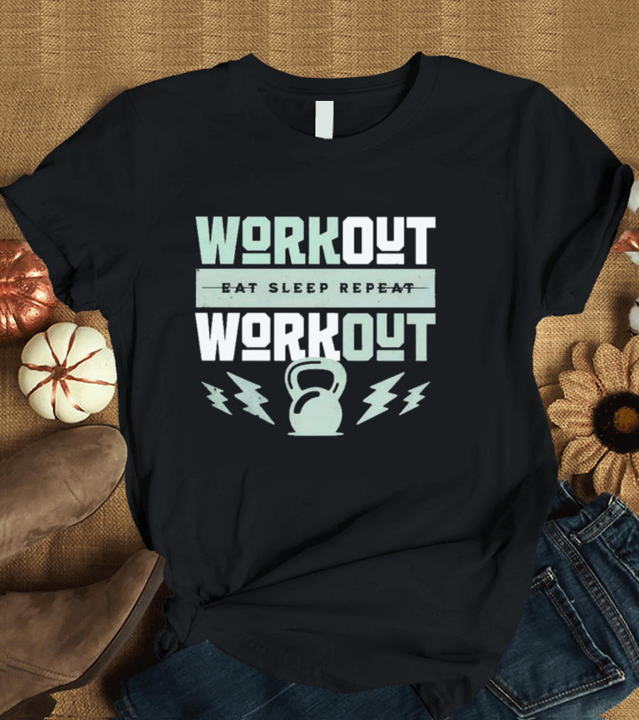 WORKOUT EAT SLEEP REPEAT WORKOUT KETTLEBELL LIGHTNING BOLTS T-Shirt