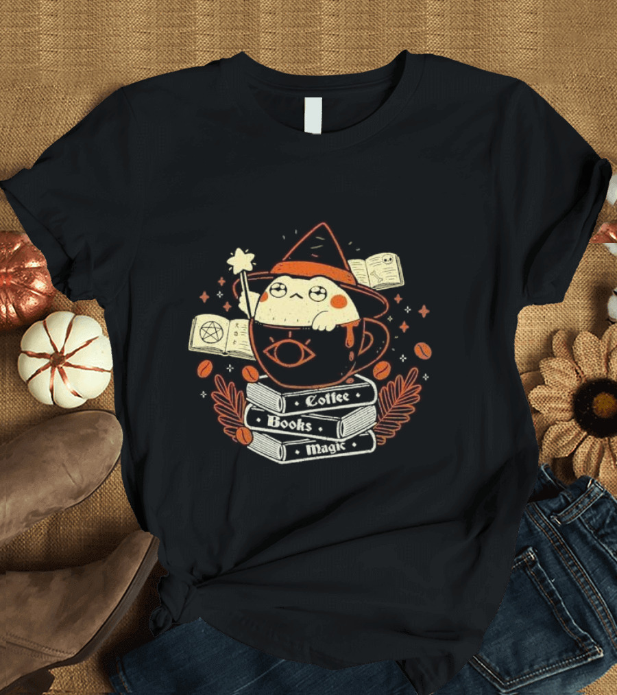 Coffee Books Magic Caffeinated Caster Wizard Tea Cup Enchantment T-Shirt