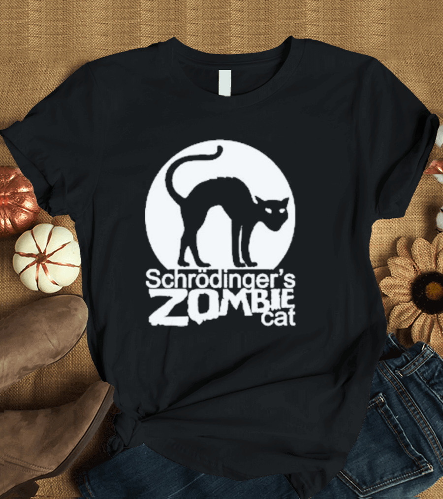 Schrodinger's Zombie Cat Black Silhouette with Round Moon Background T-Shirt