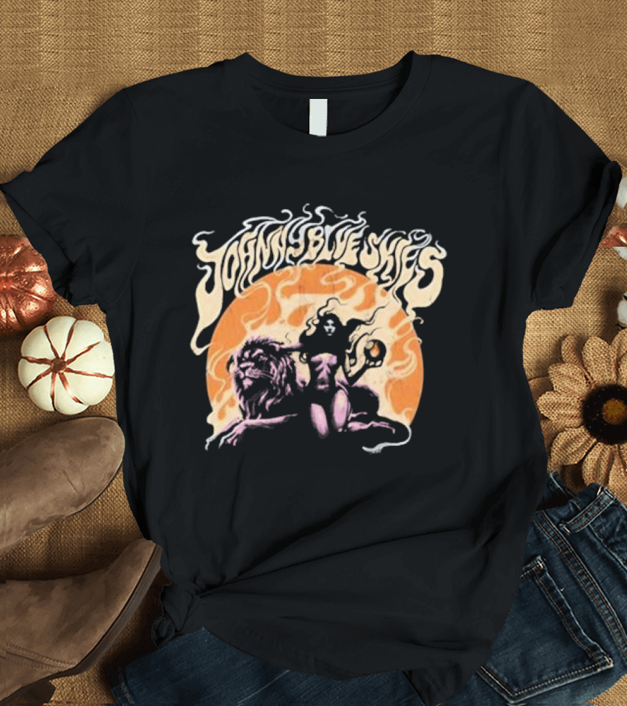 Johnny Blue Skies Sorceress with Lion Orange Background T-Shirt