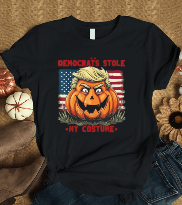 T-Shirt: Democrats Stole My Costume 2024 Halloween Pumpkin with Blond Hair American Flag Background T-Shirt Democrats Stole My Costume 2024 Halloween Pumpkin with Blond Hair American Flag Background T-Shirt