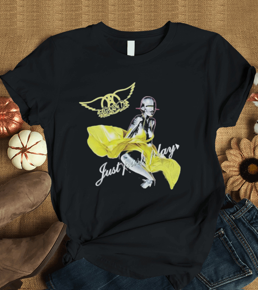Aerosmith Just Push Play Logo with Futuristic Figure and Yellow Dress T-Shirt