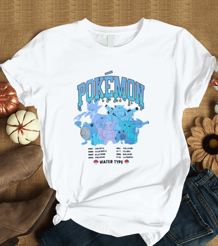 POKEMON Water Type Squirtle Wartortle Blastoise Poliwag Psyduck Golduck Poliwhirl Seadra Vaporeon T-Shirt