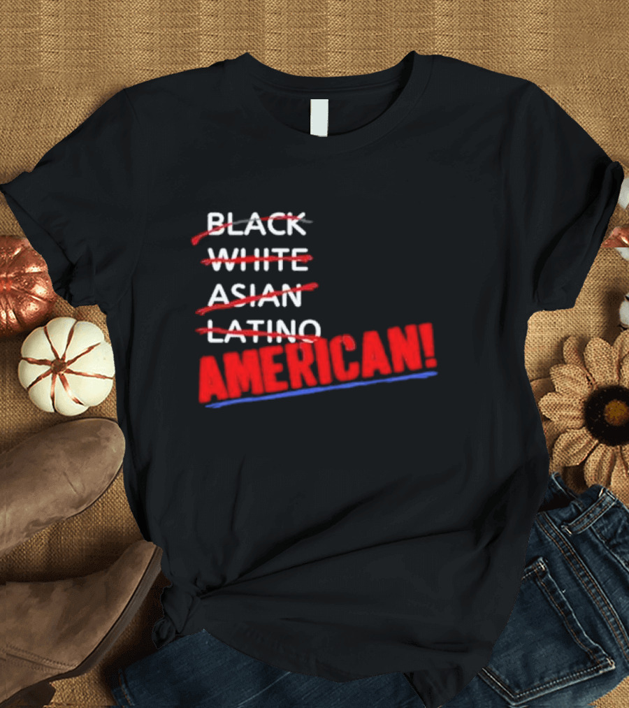 Joy Villa Lifsey Black White Asian Latino Strikethrough American Text T-Shirt