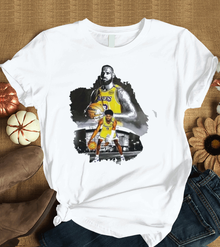 Lebron James Lakers Basketball Star in Action with Los Angeles Stadium Background T-Shirt