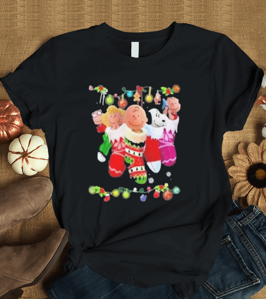 Snoopy Charlie and Friends in Festive Christmas Stockings with Holiday Lights T-Shirt
