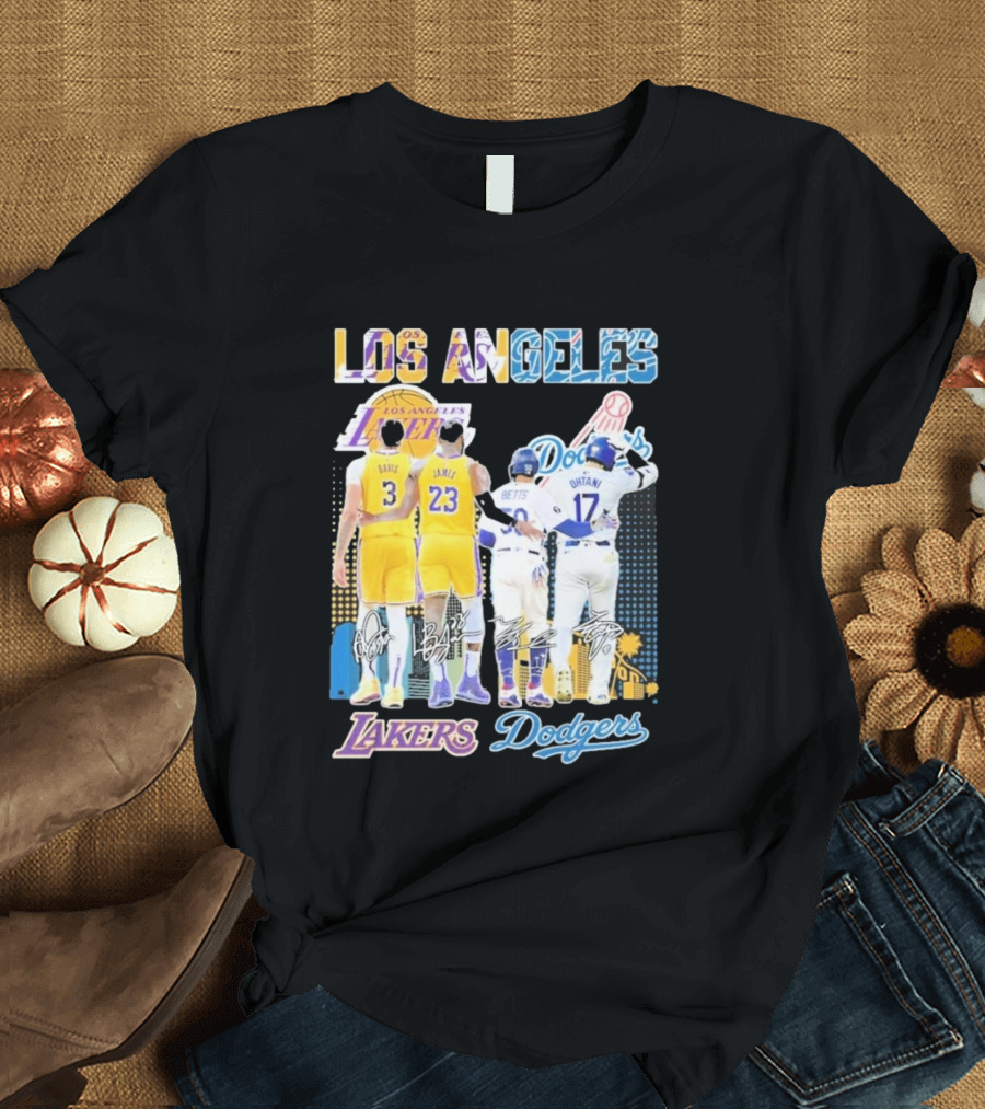Los Angeles Lakers Dodgers LeBron James Anthony Davis Mookie Betts Freddie Freeman Signatures T-Shirt