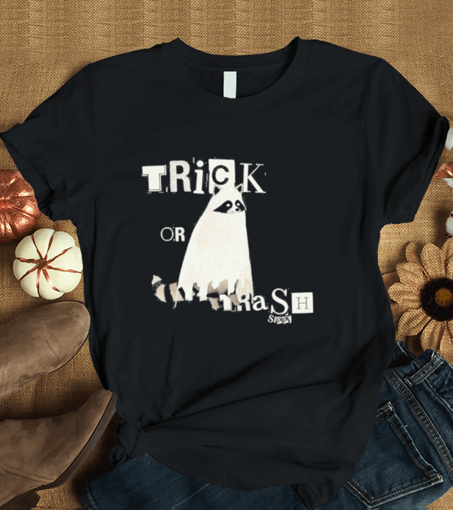 TRICK OR TRASH SIPPY Black Raccoon Ghost Costume T-Shirt