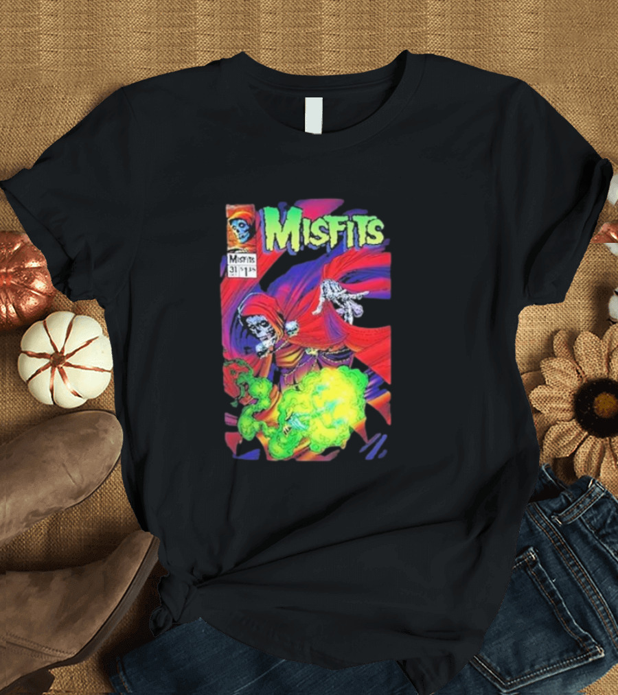 Misfits Oct 31 2024 Hell Fiend Skeletal Superhero with Green Flames T-Shirt