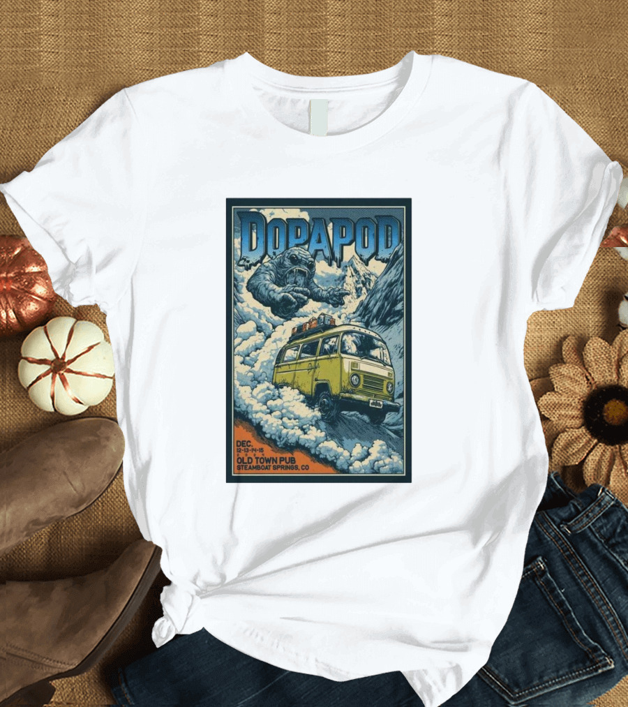Dopapod Dec 12-13-14-15 2024 Old Town Pub Steamboat Springs CO Mountain Yeti Yellow Bus Adventure T-Shirt