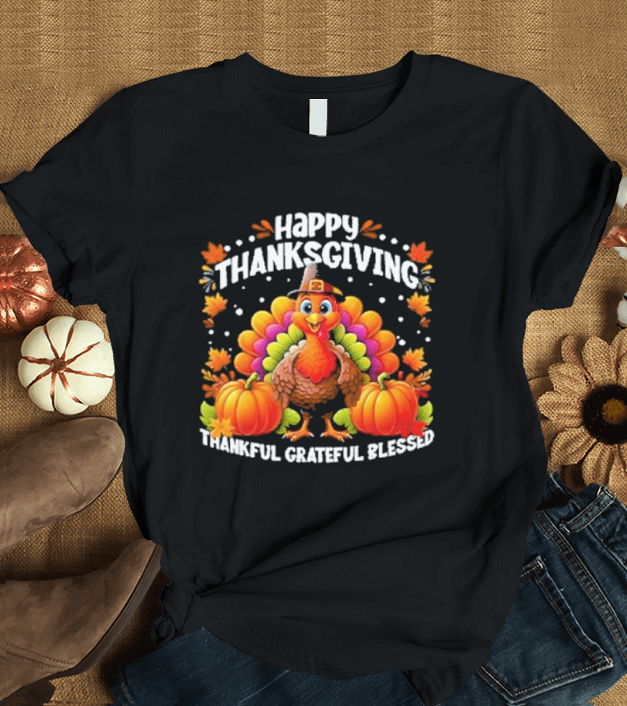 Happy Thanksgiving Turkey Thankful Grateful Blessed with Pumpkins and Autumn Leaves T-Shirt