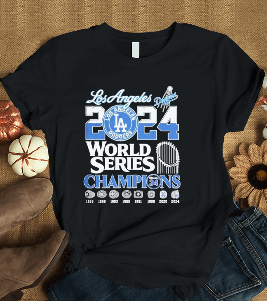 Los Angeles Dodgers 2024 World Series Champions 8X Ring Winning Seasons 34 Fernando Valenzuela T-Shirt