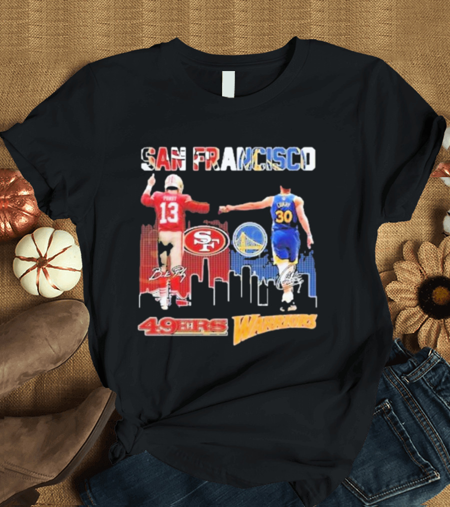 San Francisco 49ers Golden State Warriors Signatures with San Francisco Skyline T-Shirt