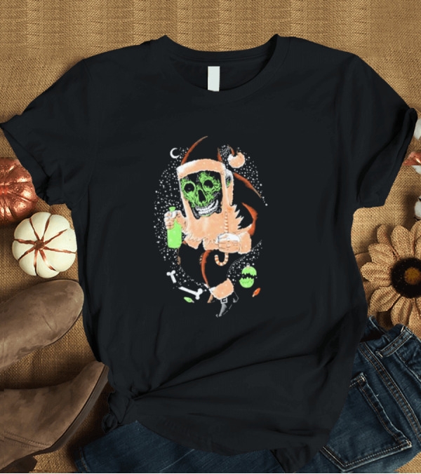 T-Shirt: Bad Magic Christmas 2024 Neon Skeleton Santa Holding Green Bottle T-Shirt Bad Magic Christmas 2024 Neon Skeleton Santa Holding Green Bottle T-Shirt