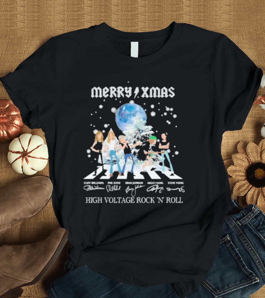 Merry Xmas AC DC High Voltage Rock N Roll Cliff Williams Phil Rudd Brian Johnson Angus Young Stevie Young T-Shirt
