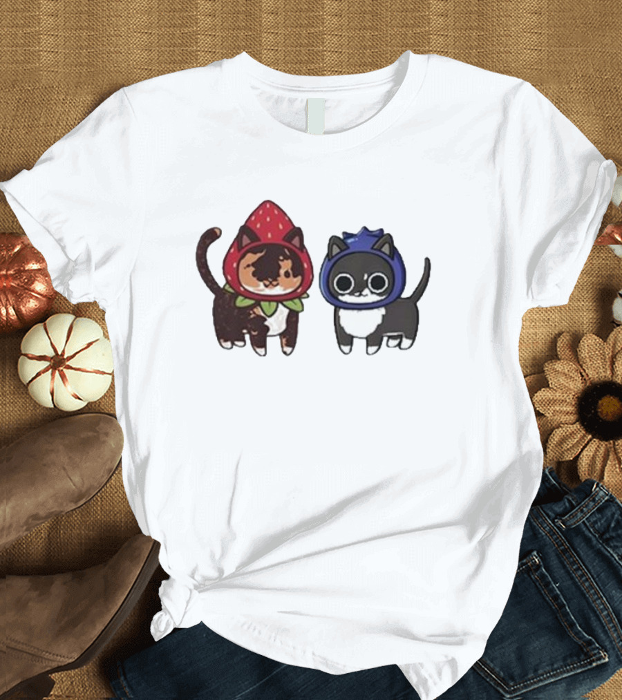 Biscuit and Muffin Fruit Cats in Strawberry and Blueberry Outfits T-Shirt