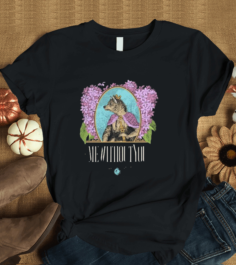 Me Without You Cat in Regal Attire with Sapphire Accent and Purple Floral Frame T-Shirt