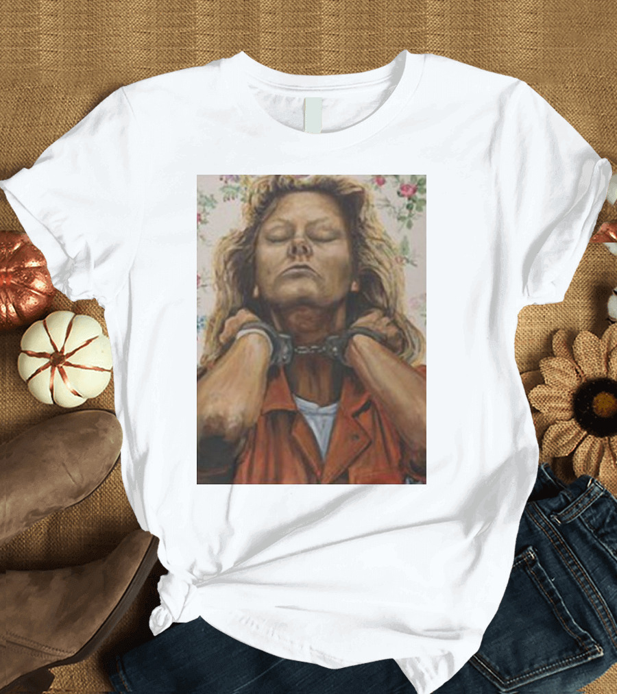 Lyndsay Grimes Aileen Mugshot Portrait with Handcuffs and Floral Background T-Shirt